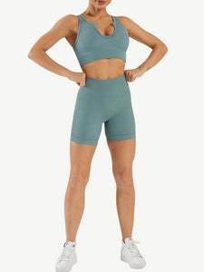 Seamless Yogawear Suit Low Neckline Sleeveless Workout Clothes Light Blue