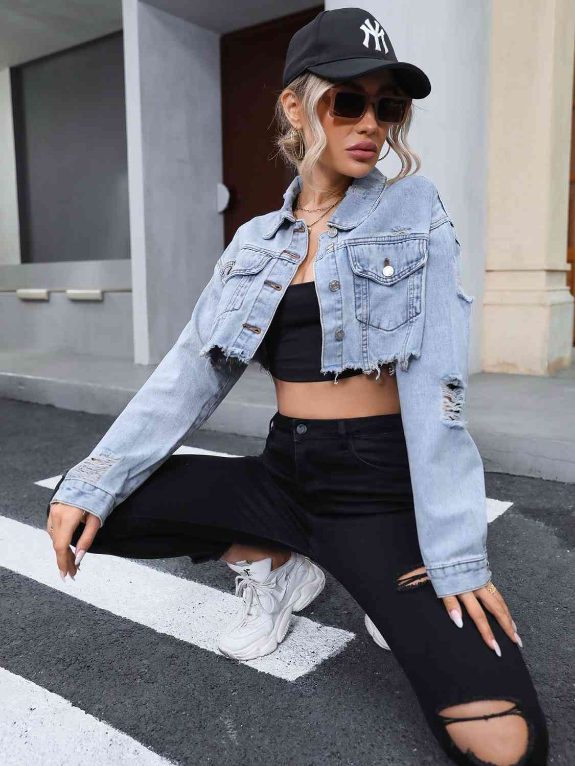 Distressed Raw Hem Cropped Denim Jacket