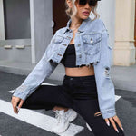 Distressed Raw Hem Cropped Denim Jacket