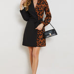 Leopard Color Block Belted Shawl Collar Dress