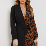 Leopard Color Block Belted Shawl Collar Dress