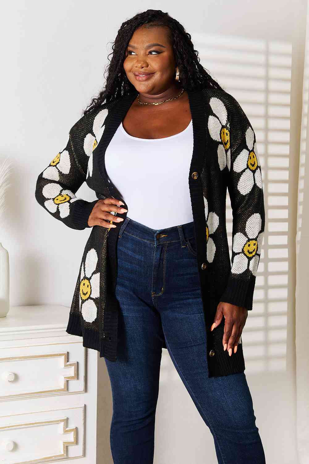 Double Take Floral Button Down Longline Cardigan