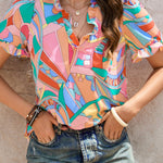 Multicolored Frill Trim V-Neck Flounce Sleeve Blouse