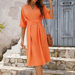 Notched Neck Half Sleeve Midi Dress