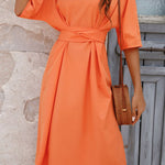 Notched Neck Half Sleeve Midi Dress