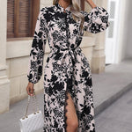 Floral Balloon Sleeve Tied Midi Dress