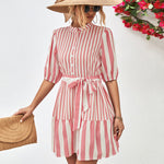 Striped Half Sleeve Tie Waist Mini Dress