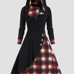 Plus Size Plaid Buttoned Long Sleeve Hooded Dress