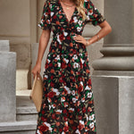 Floral V-Neck Short Flounce Sleeve Dress