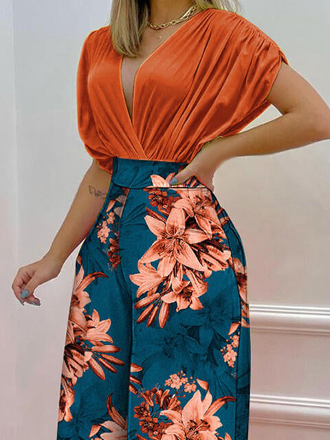 Printed Surplice Top and Wide Leg Pants Set