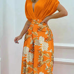 Printed Surplice Top and Wide Leg Pants Set