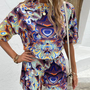 Printed Round Neck Dropped Shoulder Half Sleeve Top and Shorts Set