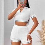 Waffle-Knit Collared Neck Cropped Top and Shorts Set