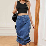 Drawstring Denim Skirt with Pockets