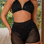 Rhinestone Halter Neck Bralette and Shorts Set