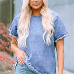 Round Neck Raglan Sleeve Raw Hem Denim Top