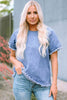 Round Neck Raglan Sleeve Raw Hem Denim Top