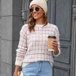 Plaid Round Neck Long Sleeve Pullover Sweater