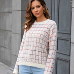 Plaid Round Neck Long Sleeve Pullover Sweater