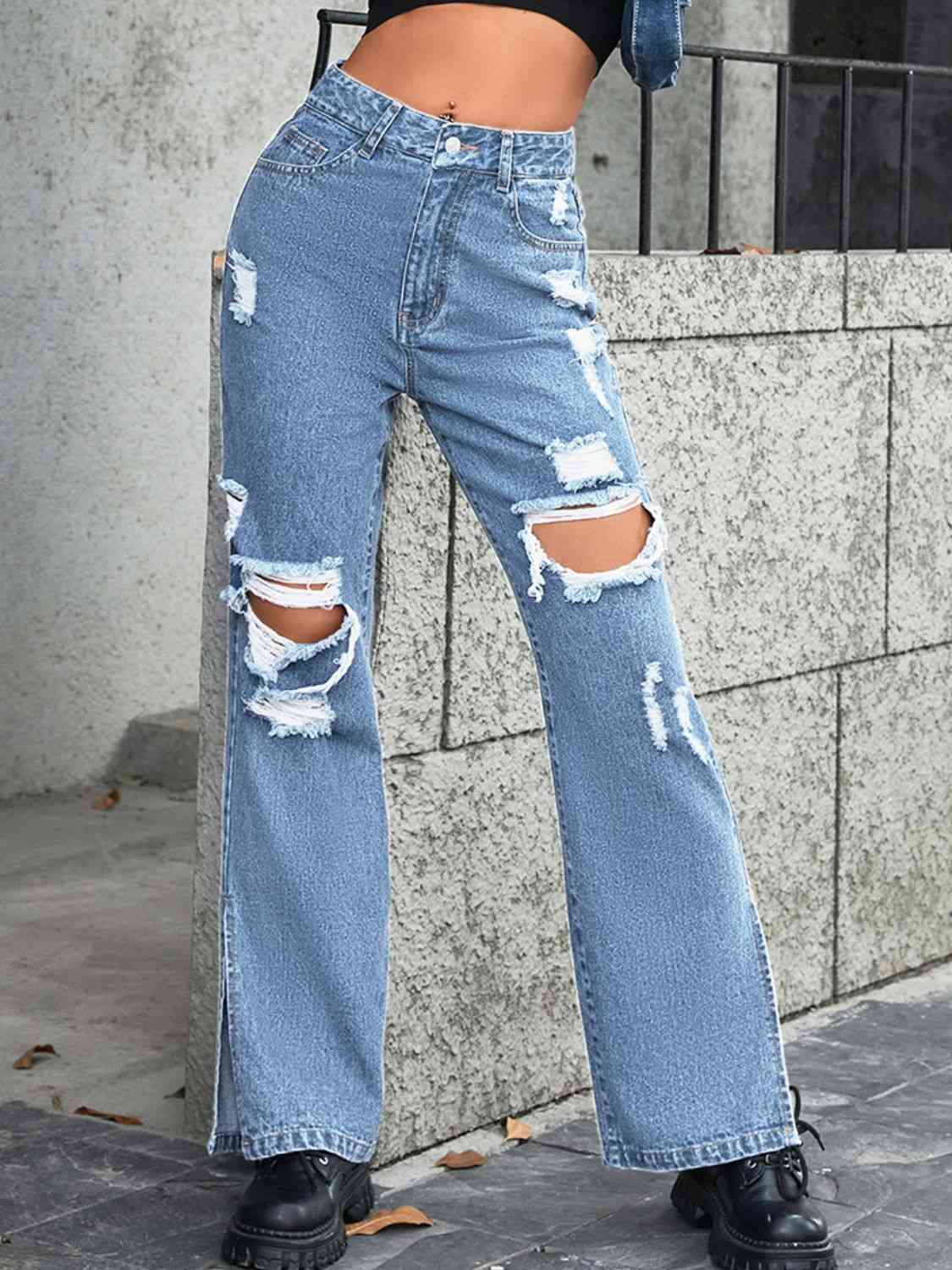 Distressed Slit Jeans – Libras Way