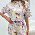 Tie Dye Round Neck Dropped Shoulder Tie Dye Top and Shorts Set