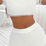 Waffle-Knit Collared Neck Cropped Top and Shorts Set