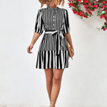 Striped Half Sleeve Tie Waist Mini Dress