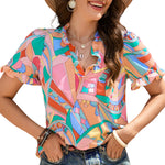 Multicolored Frill Trim V-Neck Flounce Sleeve Blouse