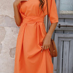 Notched Neck Half Sleeve Midi Dress