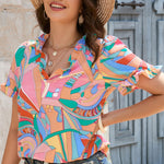 Multicolored Frill Trim V-Neck Flounce Sleeve Blouse