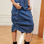 Drawstring Denim Skirt with Pockets