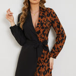 Leopard Color Block Belted Shawl Collar Dress