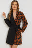 Leopard Color Block Belted Shawl Collar Dress