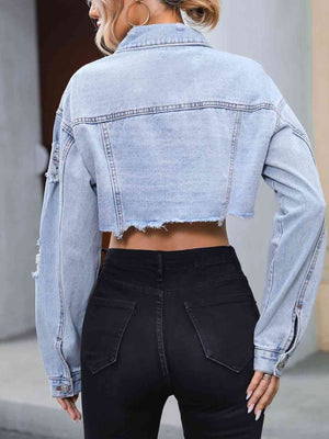 Distressed Raw Hem Cropped Denim Jacket