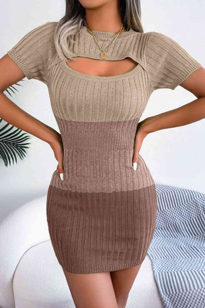 Color Block Cutout Short Sleeve Sweater Dress