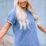 Round Neck Raglan Sleeve Raw Hem Denim Top