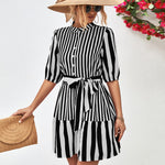 Striped Half Sleeve Tie Waist Mini Dress