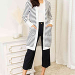 Double Take Striped Open Front Longline Cardigan