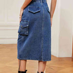 Drawstring Denim Skirt with Pockets