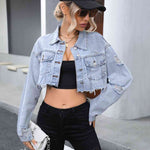 Distressed Raw Hem Cropped Denim Jacket