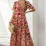 Floral V-Neck Short Flounce Sleeve Dress