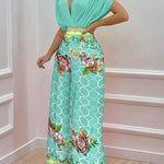 Printed Surplice Top and Wide Leg Pants Set