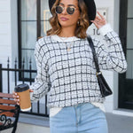 Plaid Round Neck Long Sleeve Pullover Sweater