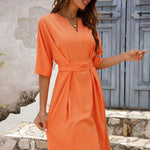 Notched Neck Half Sleeve Midi Dress