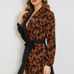 Leopard Color Block Belted Shawl Collar Dress